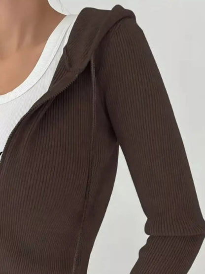 Ribbed Knit Zip-Up Hooded Cardigan