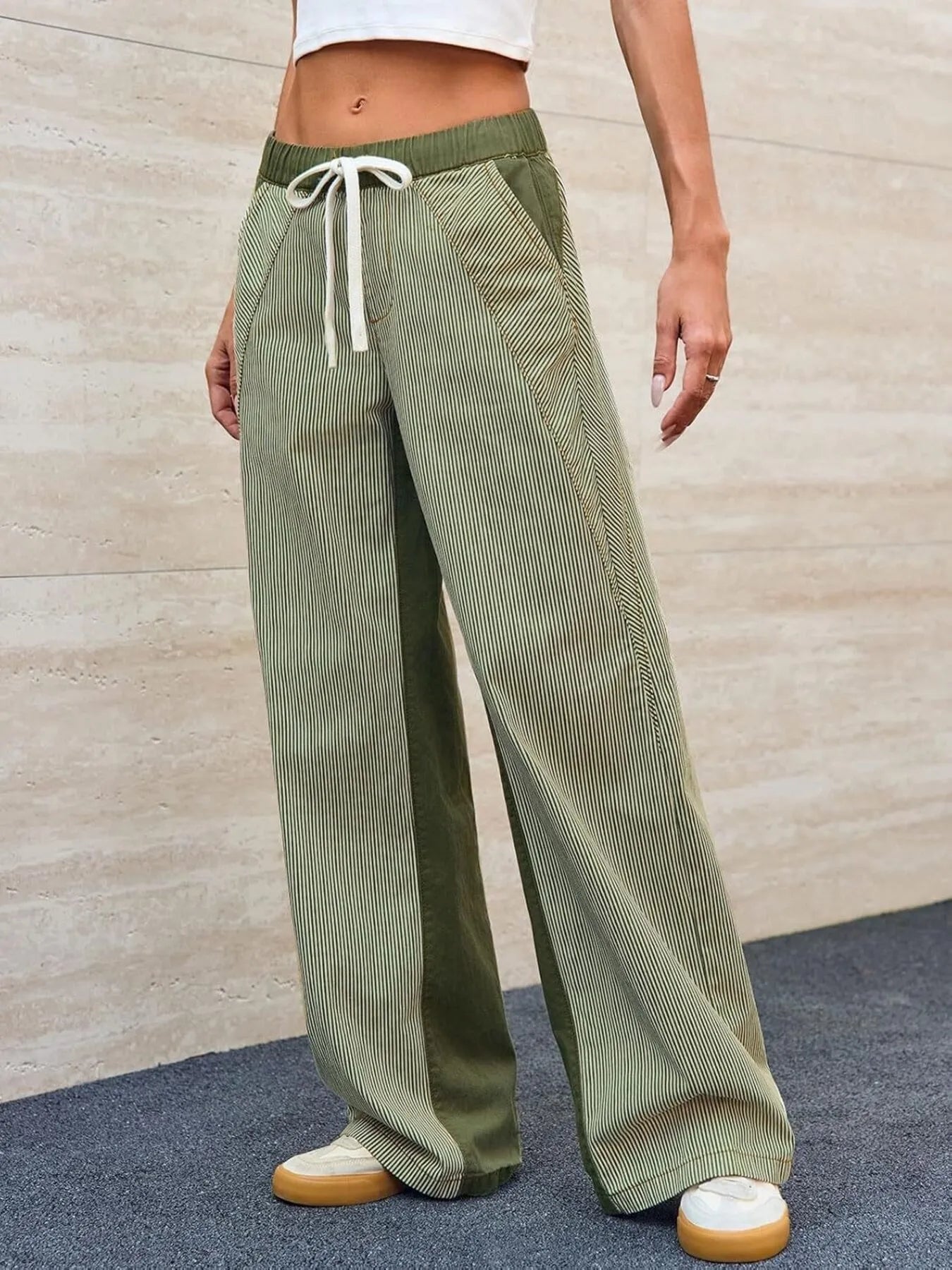 Striped Wide Leg Jeans Army Green