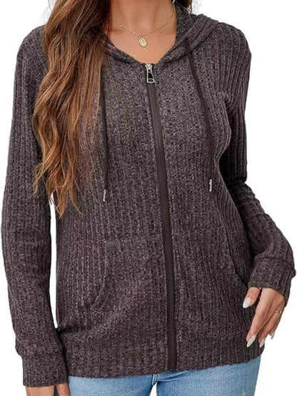 Ribbed Zip Up Hooded Outerwear Dark Brown