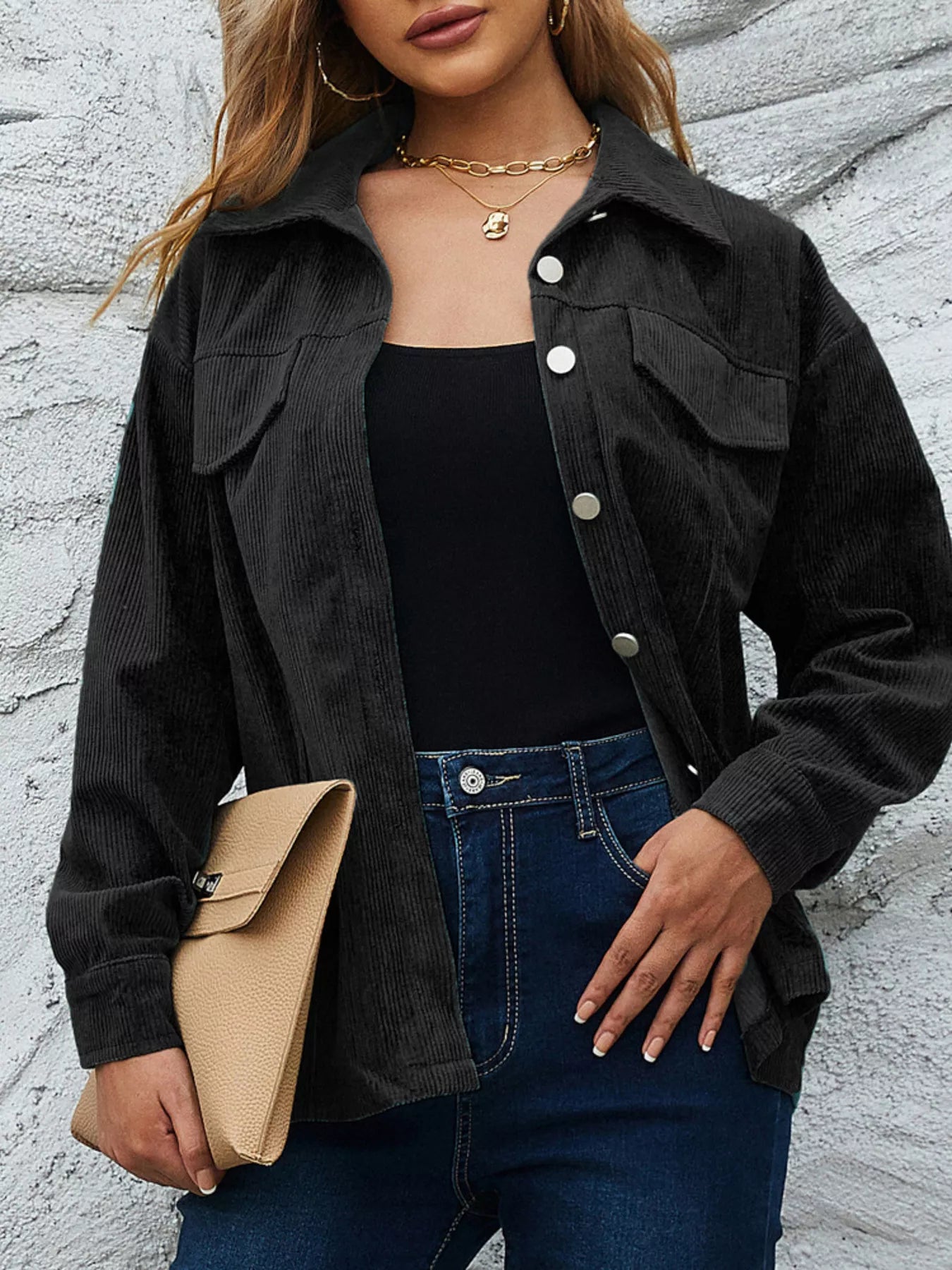 Casual Corduroy Button-Down Jacket Black
