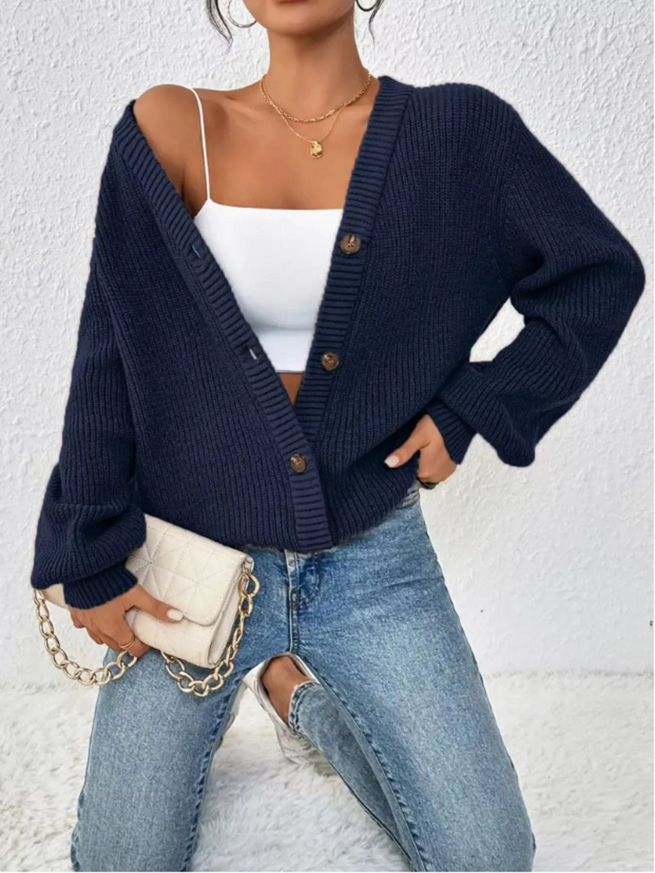 Chunky Knit Button-Down Cardigan Dark Blue