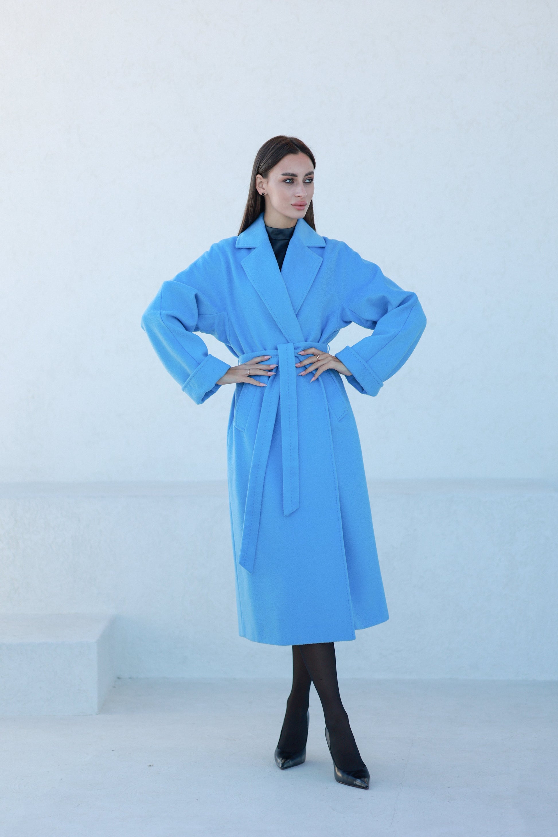 Classic Brushed Cashmere Wool Blend Overcoat in Azure