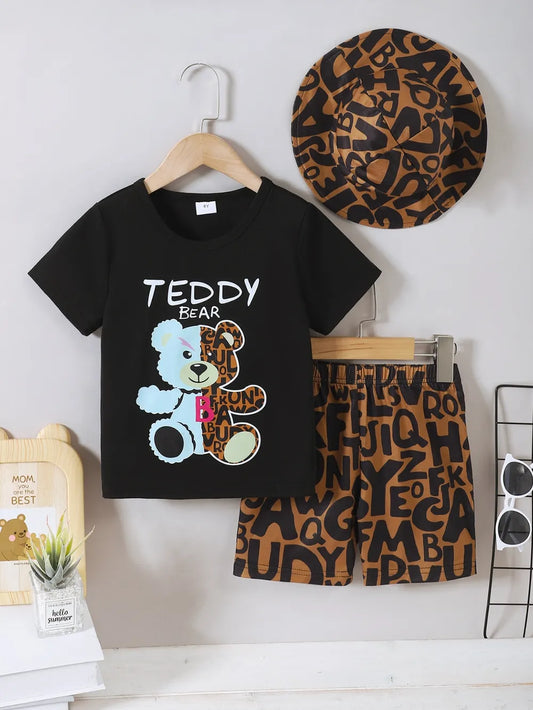 Children's Teddy Bear Round Neck Top and Pants Set Black