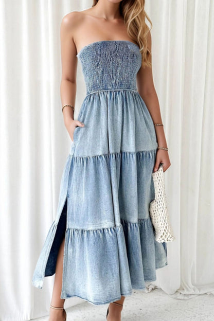 Smocked Tube Slit Tiered Denim Dress Light Blue