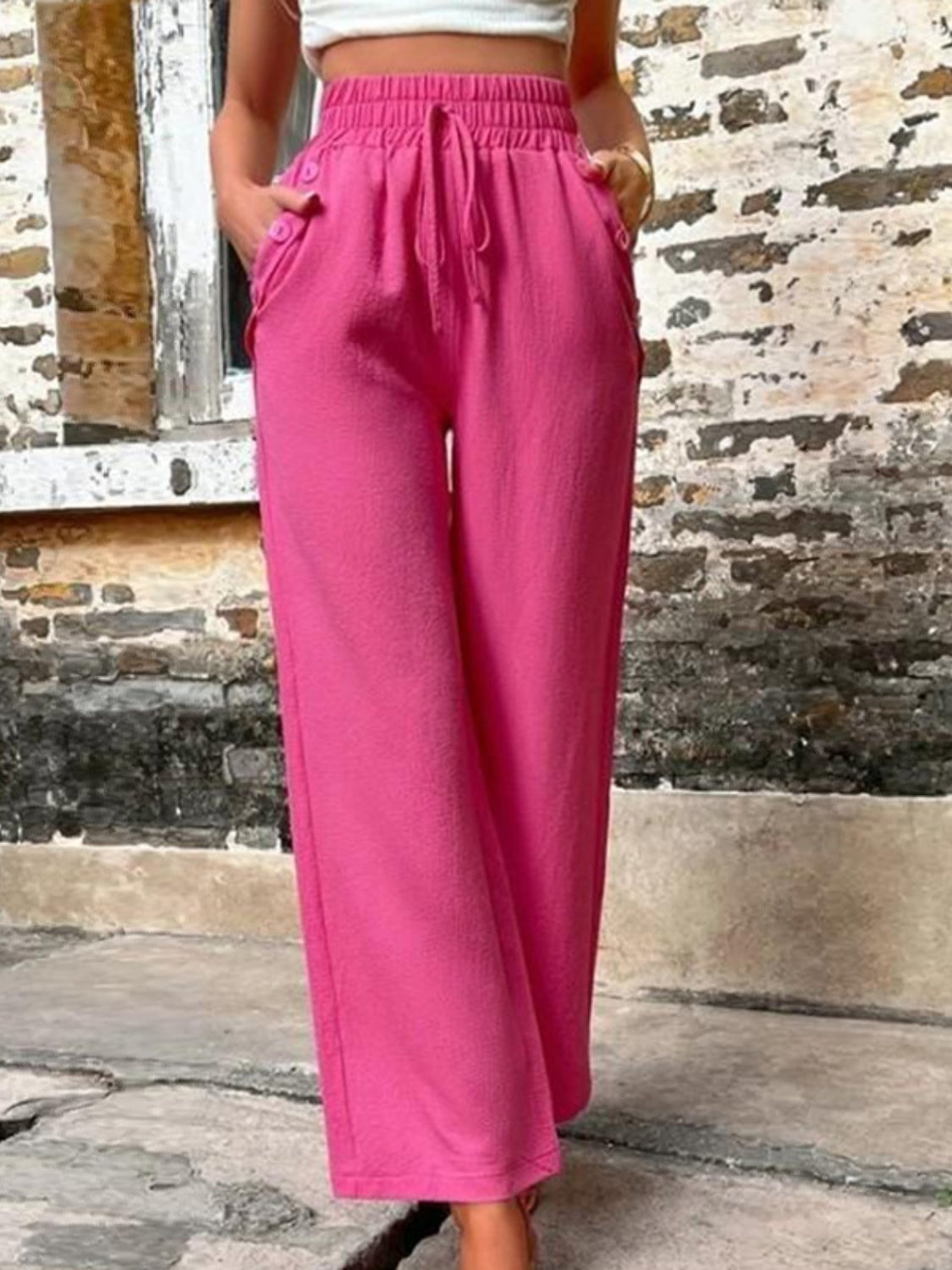 Tied High Waist Wide Leg Pants with Pockets Cerise