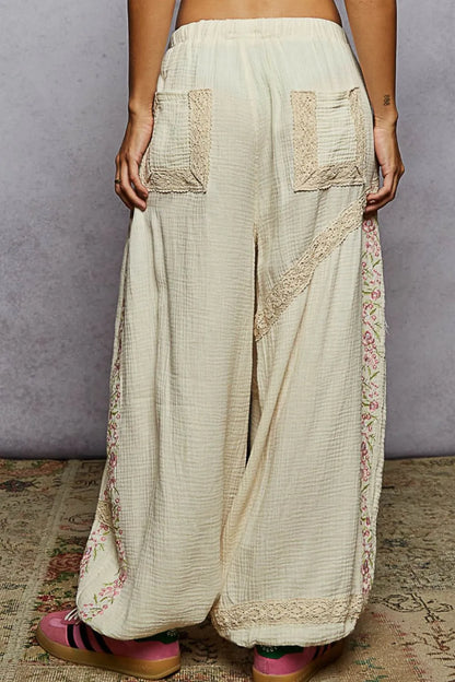 POL Floral Embroidered Drawstring Joggers with Lace Trim