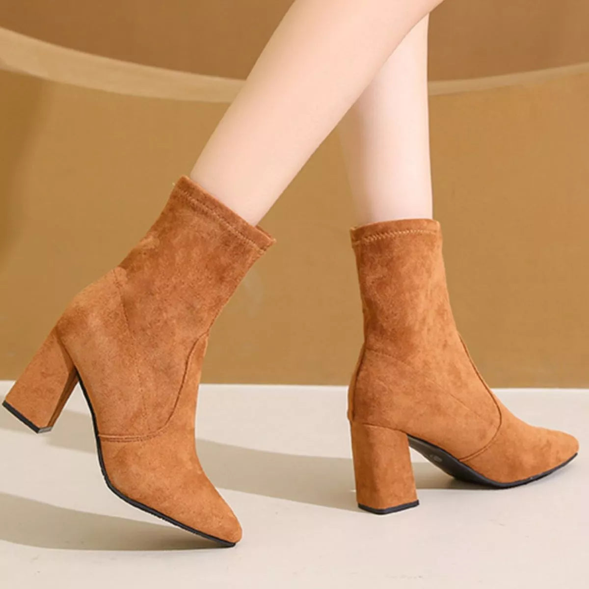 Point Toe Block Heels Boots Ochre