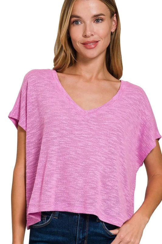 Zenana Hacci Slub V-neck Drop Shoulder Crop Top BRIGHT MAUVE