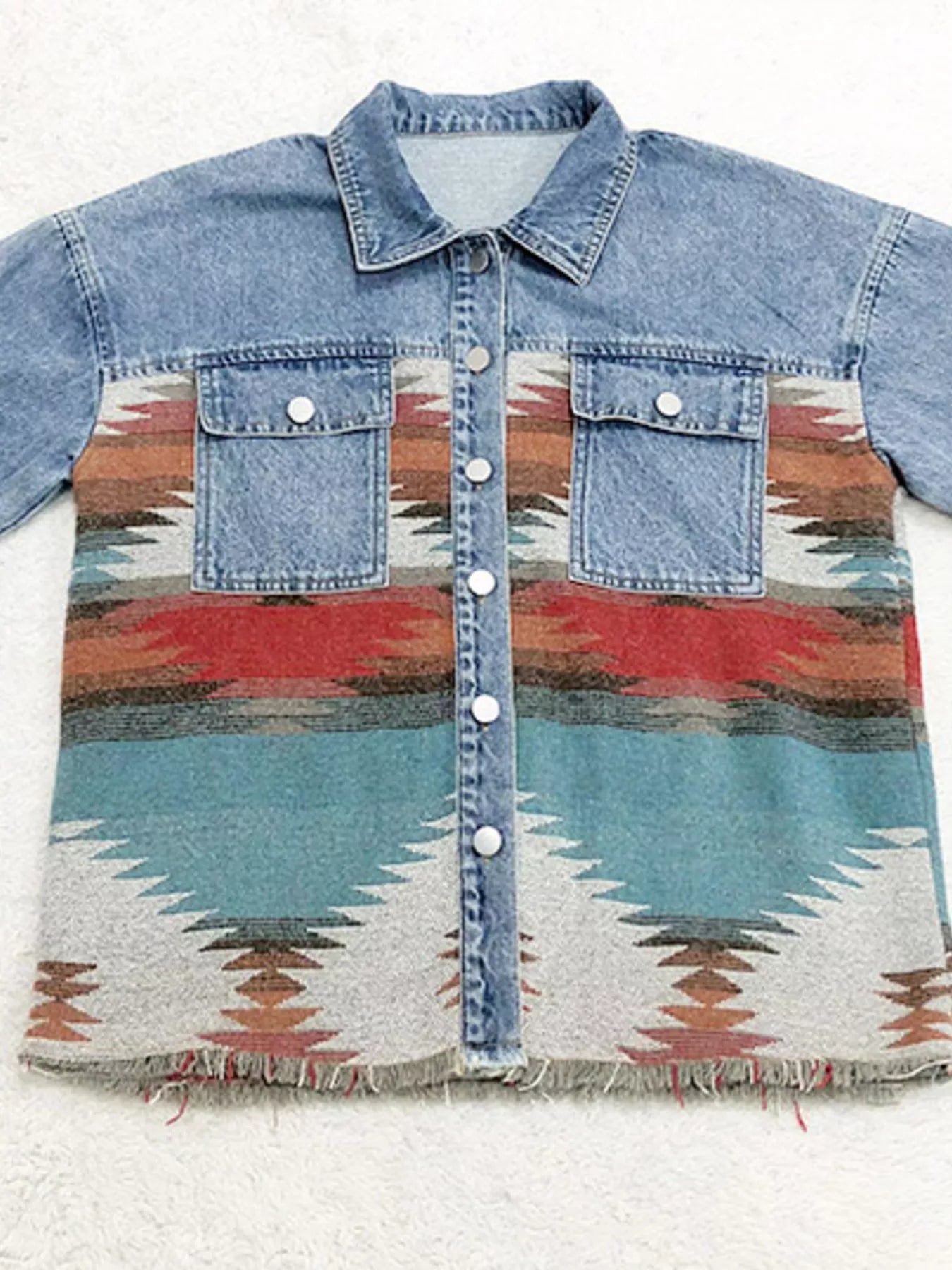 Printed Botton Down Long Sleeve Denim Jacket