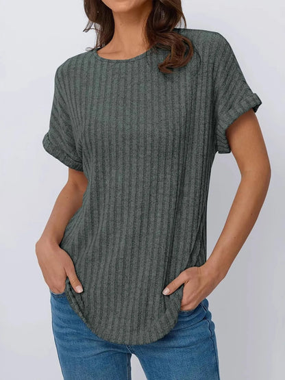 Casual Ribbed Knit Short Sleeve T-Shirt Dark Green
