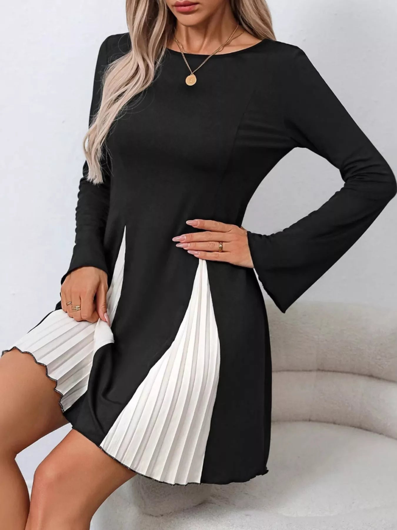 Pleated Flare Sleeve Mini Dress