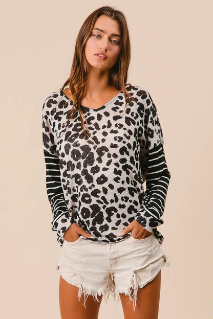 BiBi Leopard Hacci Knit Twist Back Top With Stripe Sleeve