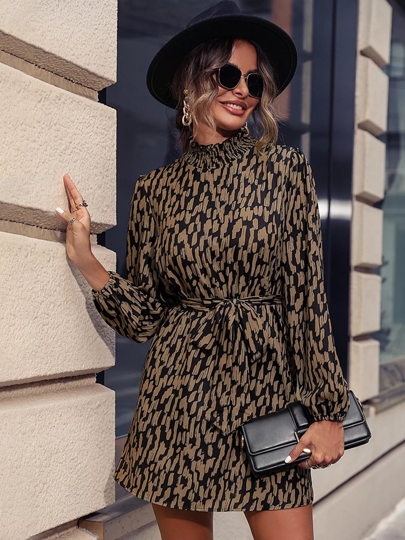 Printed Tie Waist Long Sleeve Dress Taupe