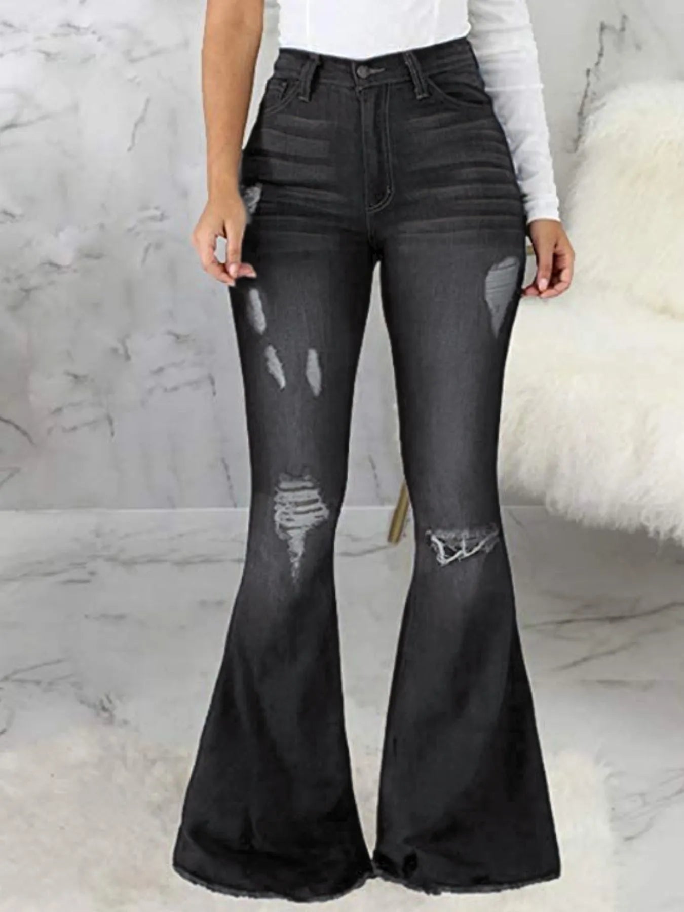 Full Size Distressed Raw Hem Flare Jeans Plus Size Black