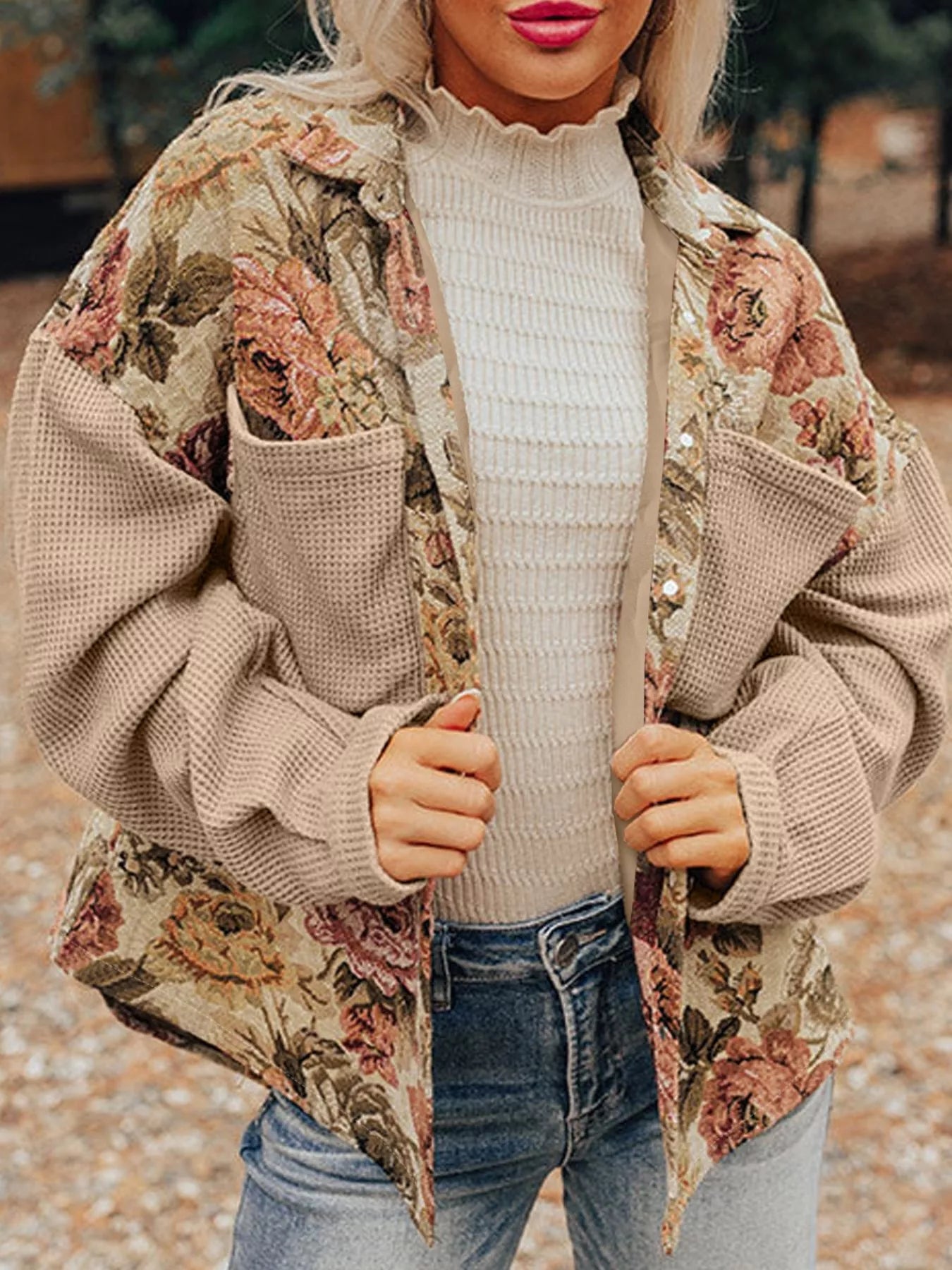 Floral Waffle Knit Patchwork Chest Pockets Buttoned Jacket Tan