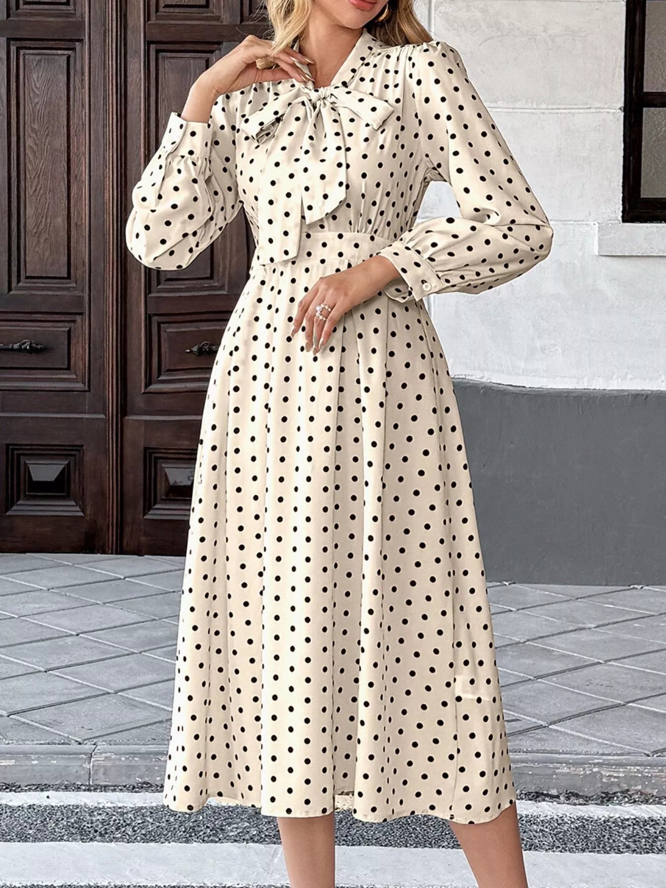 Polka Dot Tie Front Long Sleeve Midi Dress White
