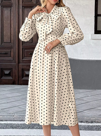 Polka Dot Tie Front Long Sleeve Midi Dress White
