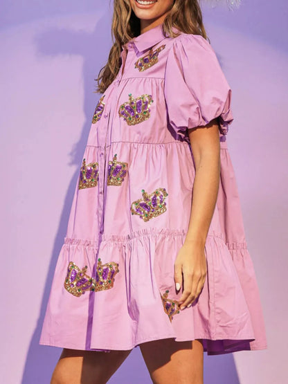 Full Size Sequin Button Front Puff Sleeve Shirt Dress Plus Size