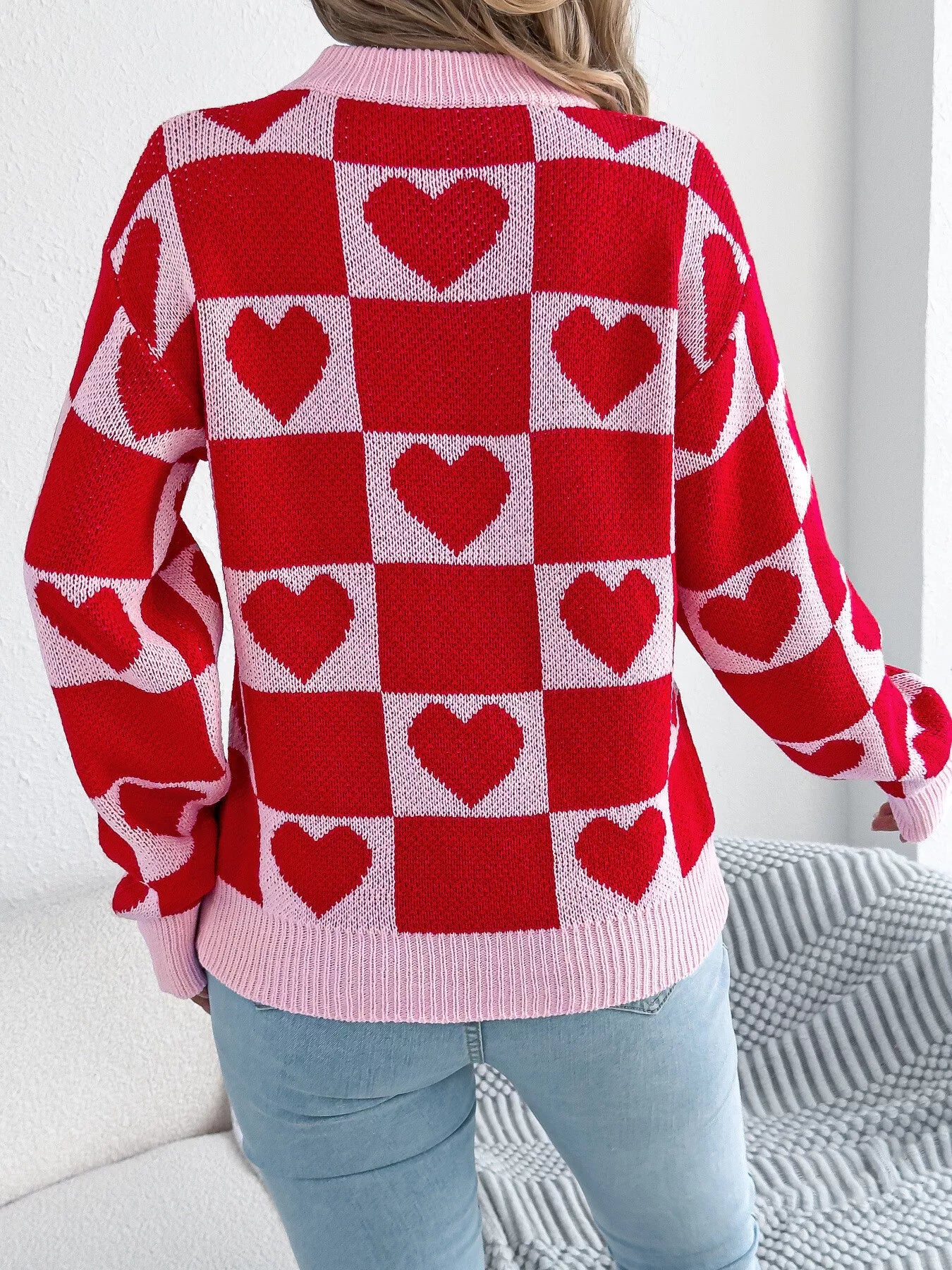 Heart Checkerboard Pattern Round Neck Sweater