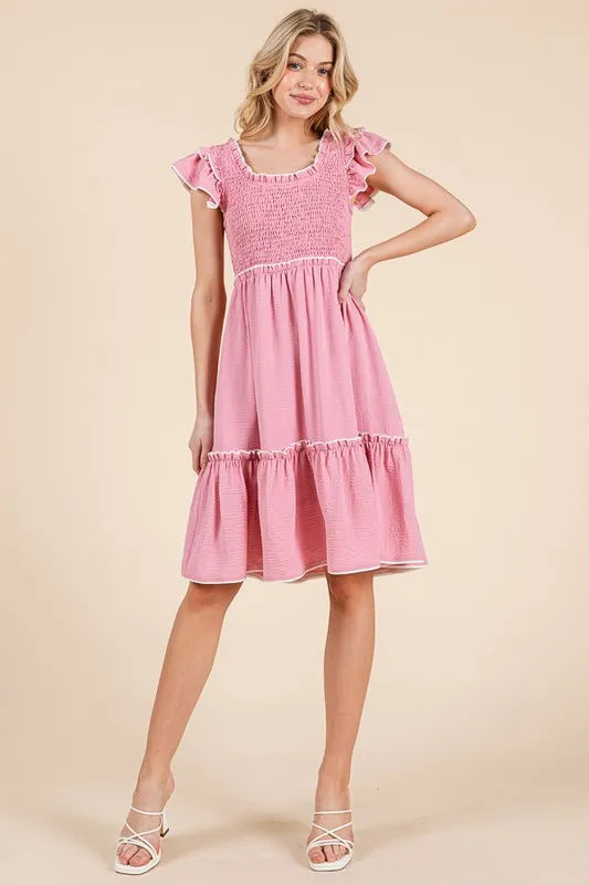 Lime 'N' Chili Ruffle Trim Smocked Dress with Contrast