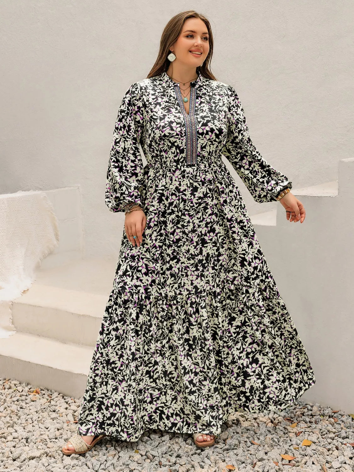 Plus Size Floral Print Long Sleeve Tiered Maxi Dress