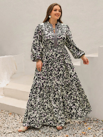 Plus Size Floral Print Long Sleeve Tiered Maxi Dress