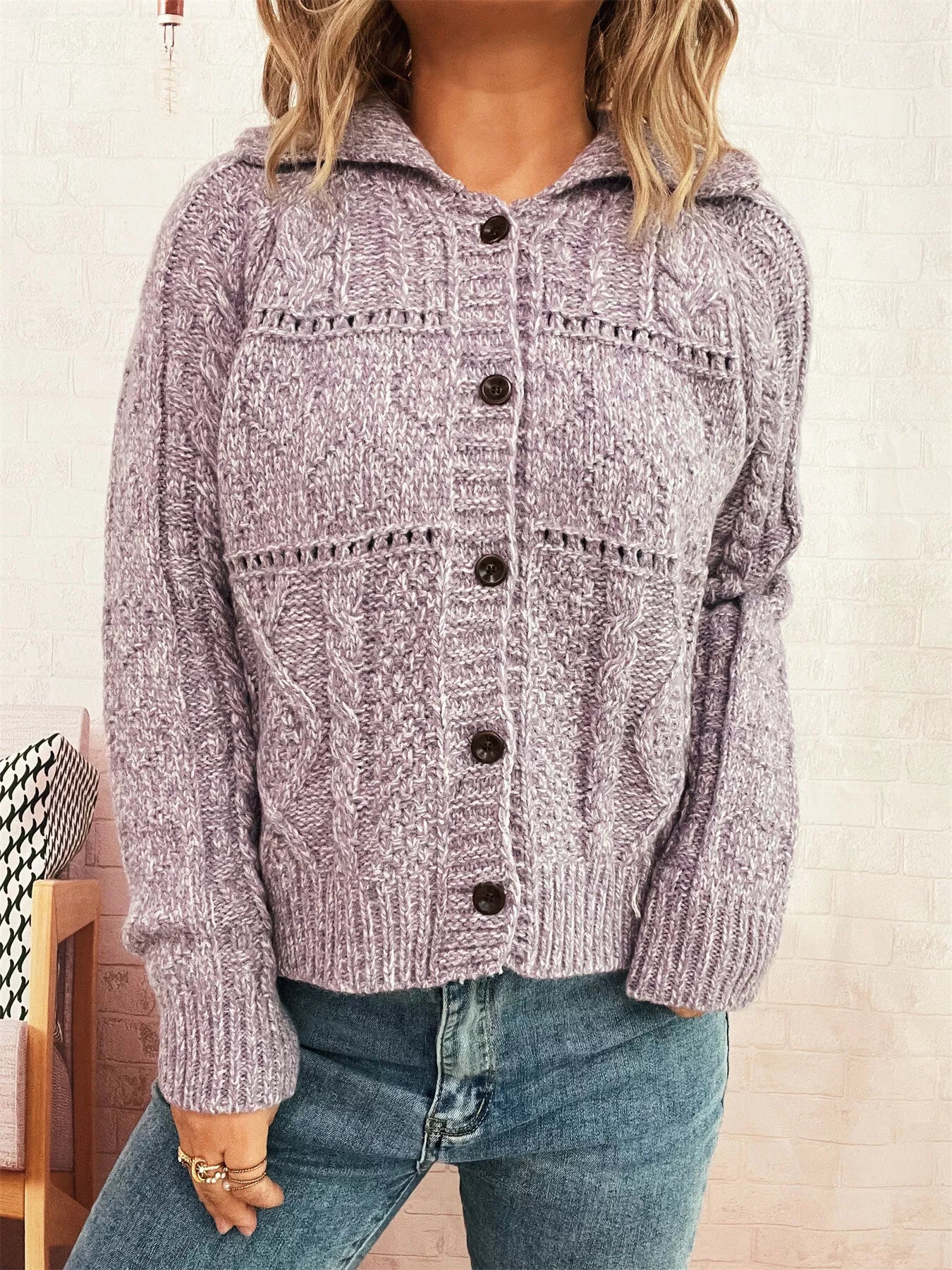 Openwork Cable Knit Button-Up Cardigan