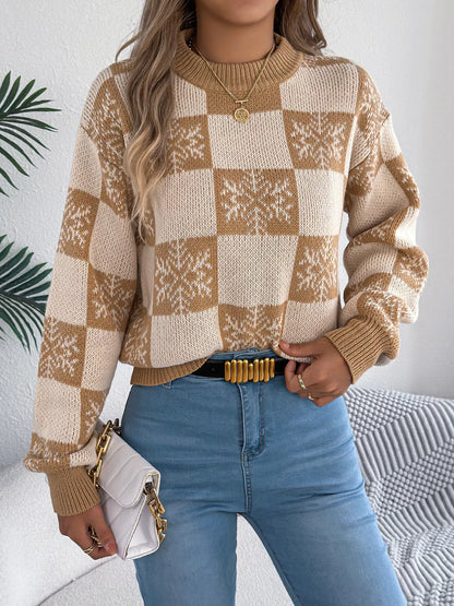 Christmas Snowflake Checkered Round Neck Sweater