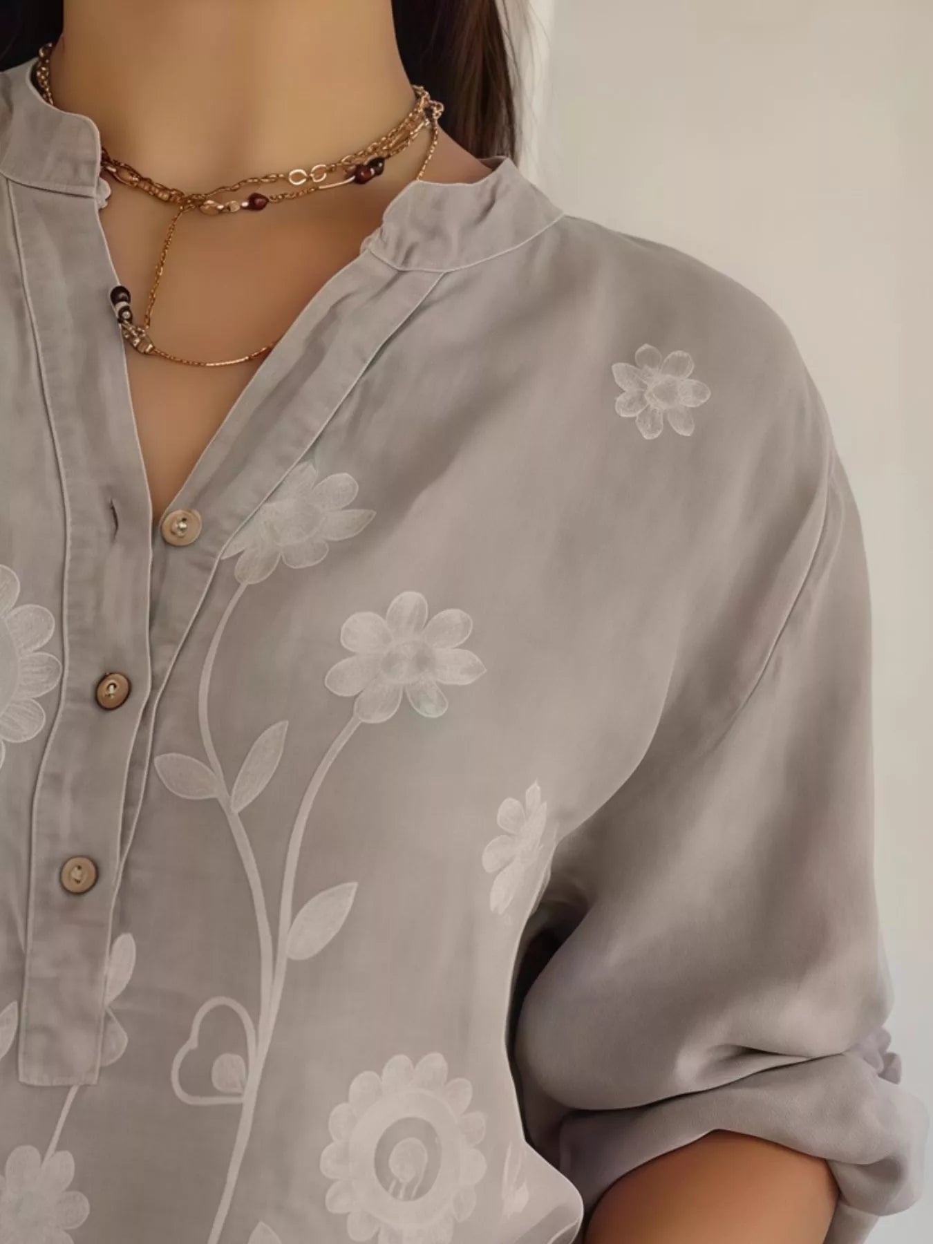 Full Size Floral Embroidered Button Detail Blouse Plus Size