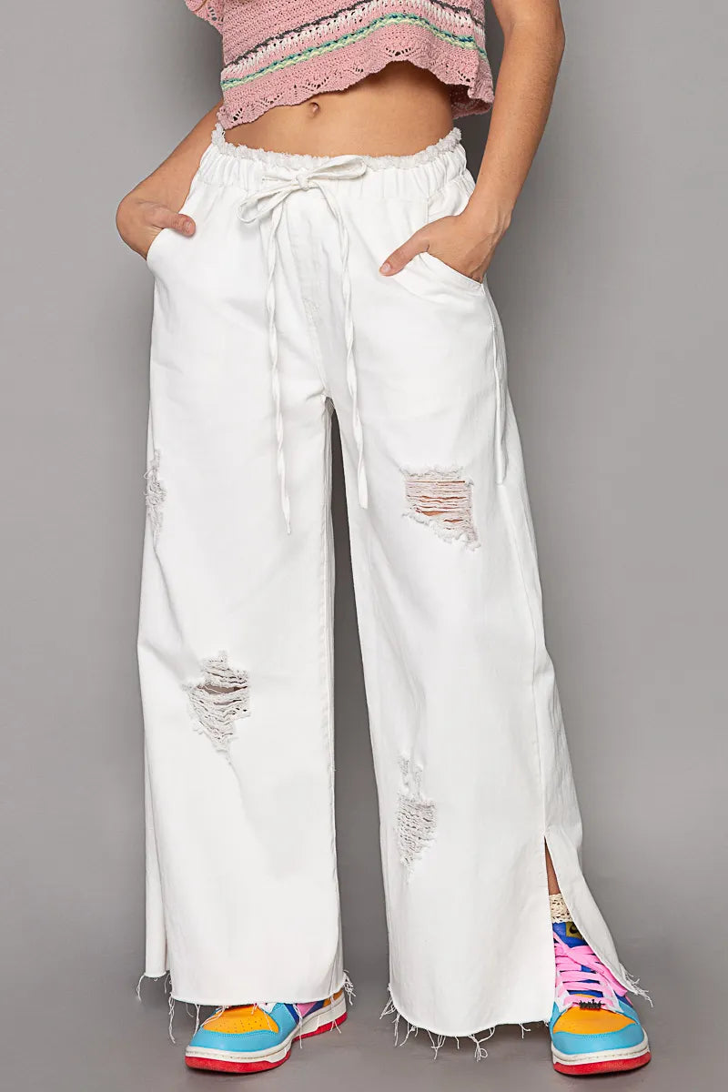 POL Distressed Drawstring Slit Wide leg Pants White
