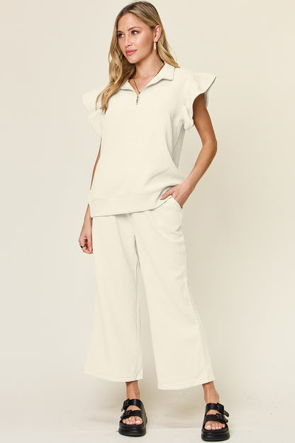 Textured Ruffle Top & Drawstring Wide Leg Pants Set Cream