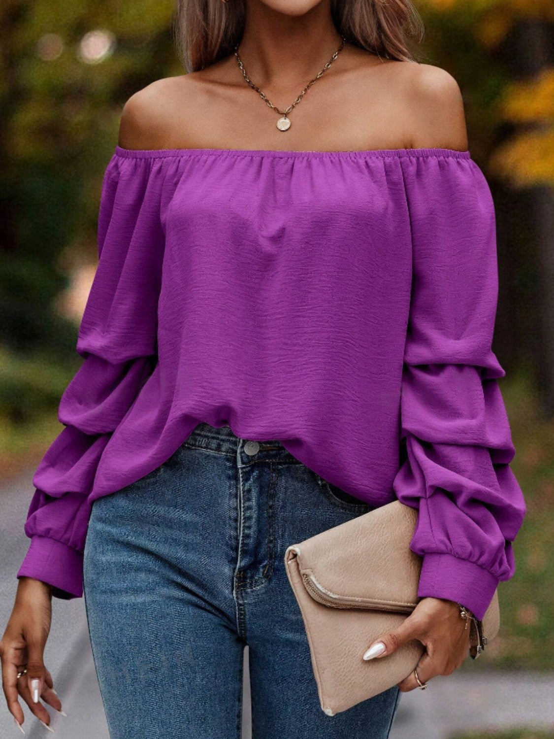 Ruched Off-Shoulder Long Sleeve Blouse Vivid Violet