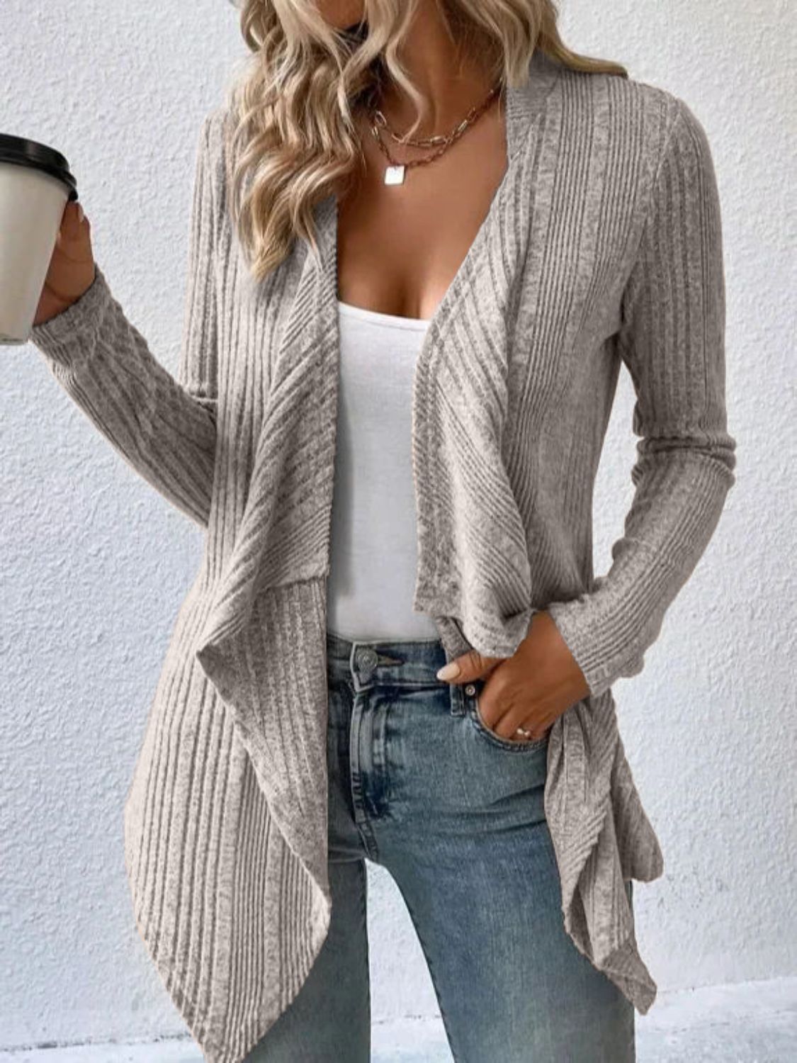 Open Front Long Sleeve Cardigan Mocha
