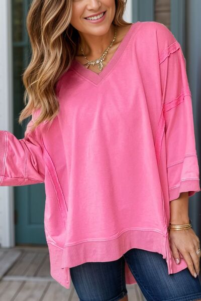 Exposed Seam V-Neck Blouse Pink