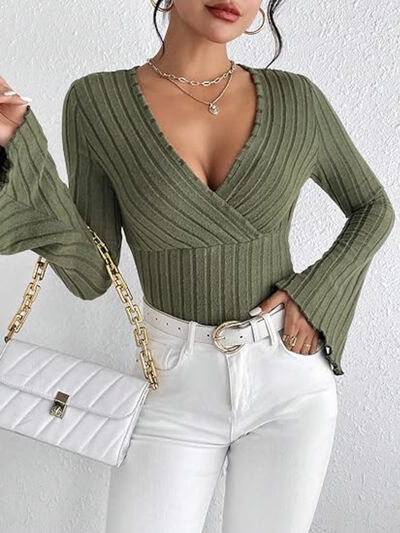 Ribbed Flare Sleeve Top Army Green