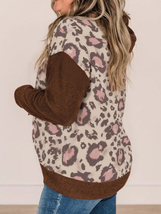 Plus Size Leopard Long Sleeve Drawstring Hoodie