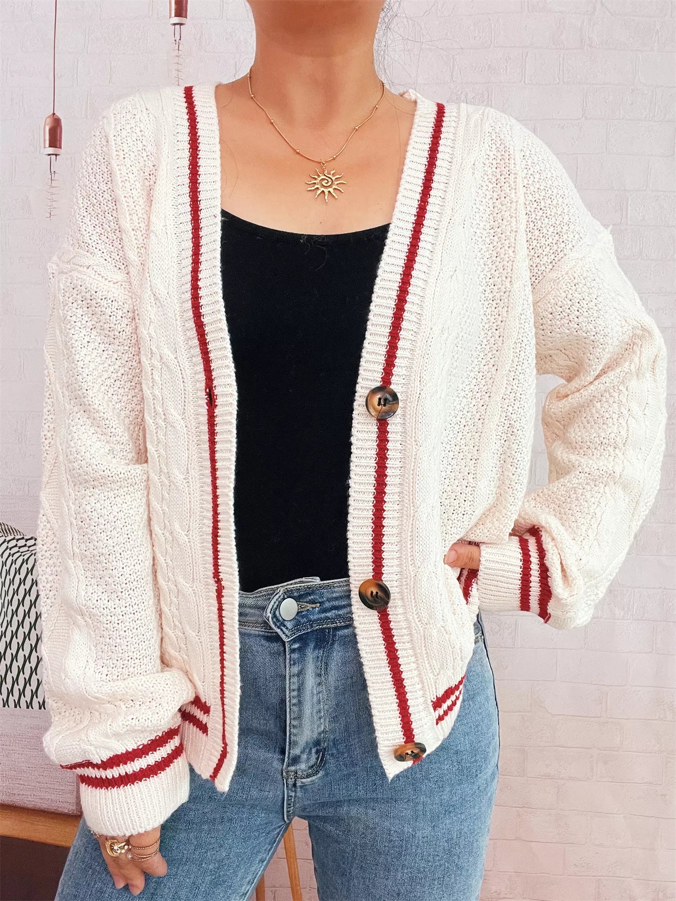 Star Pattern Button-Up Cardigan with Contrast Trim