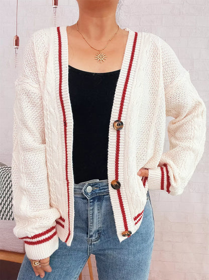 Star Pattern Button-Up Cardigan with Contrast Trim