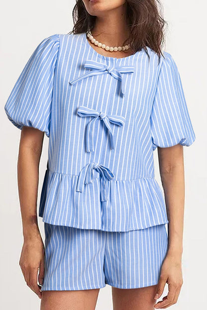 Striped Bowknot Detail Puff Sleeve Top and Shorts Set Light Blue