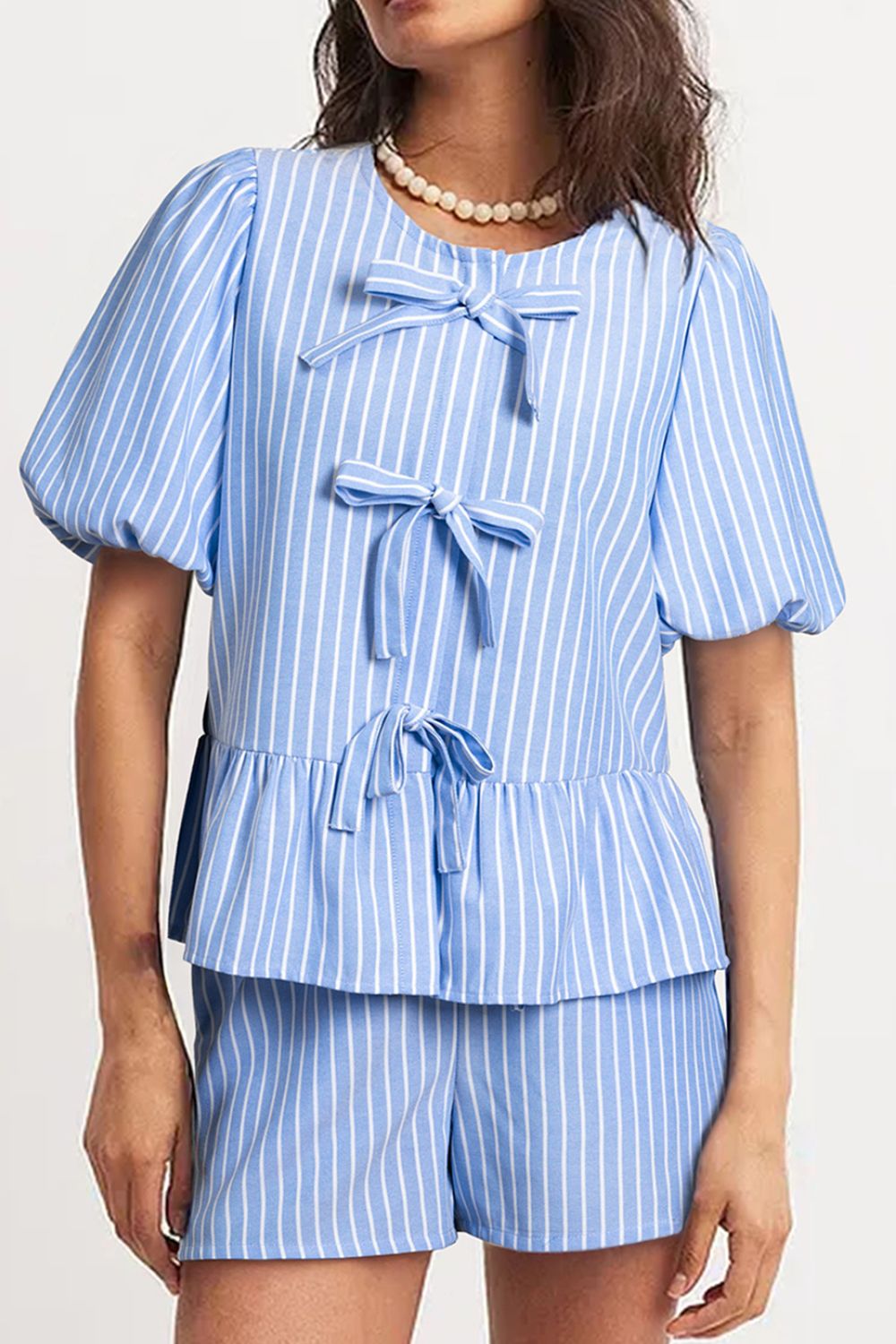 Striped Bowknot Detail Puff Sleeve Top and Shorts Set Light Blue