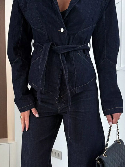 One Button Cropped Denim Jacket with Belted