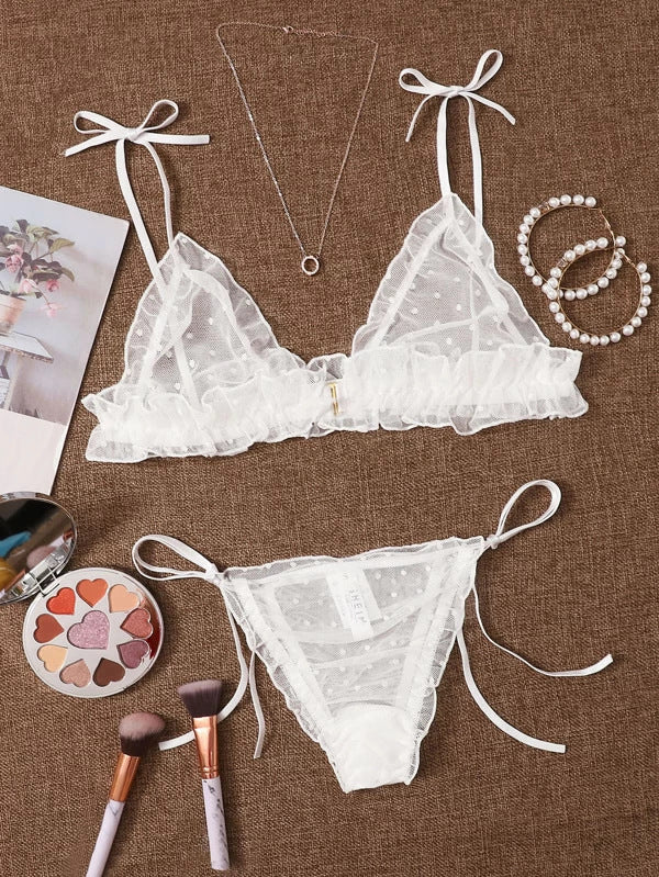 Sexy Lingerie Set Women Lace Beautiful Back Criss Cross Strap Thin French Bra Wireless Bra Triangle Cup Girl White