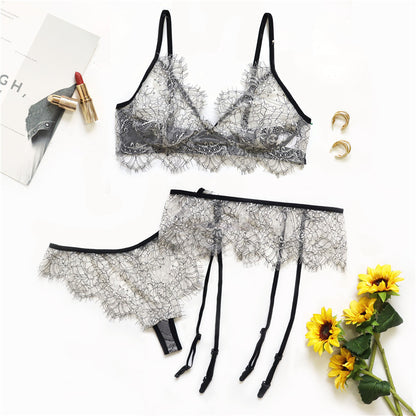 Sexy Lingerie Set Women Lace Beautiful Back Criss Cross Strap Thin French Bra Sexy Lingerie Garter Suit