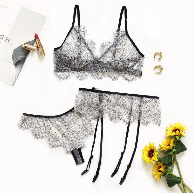 Sexy Lingerie Set Women Lace Beautiful Back Criss Cross Strap Thin French Bra Sexy Lingerie Garter Suit White