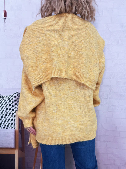 Ribbed Hem V-Neck Sweater with Shawl