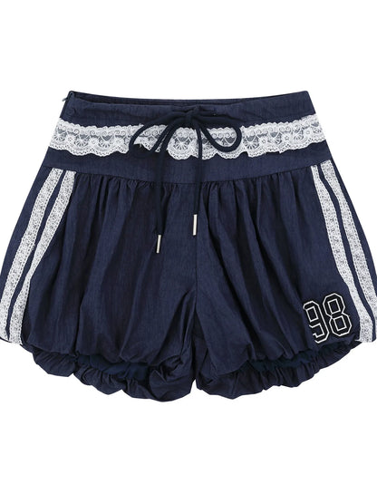 Lace Trim Shorts with Drawstring Blue