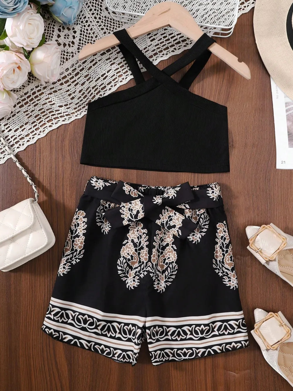 Children's Cami and Printed Pants Set Black