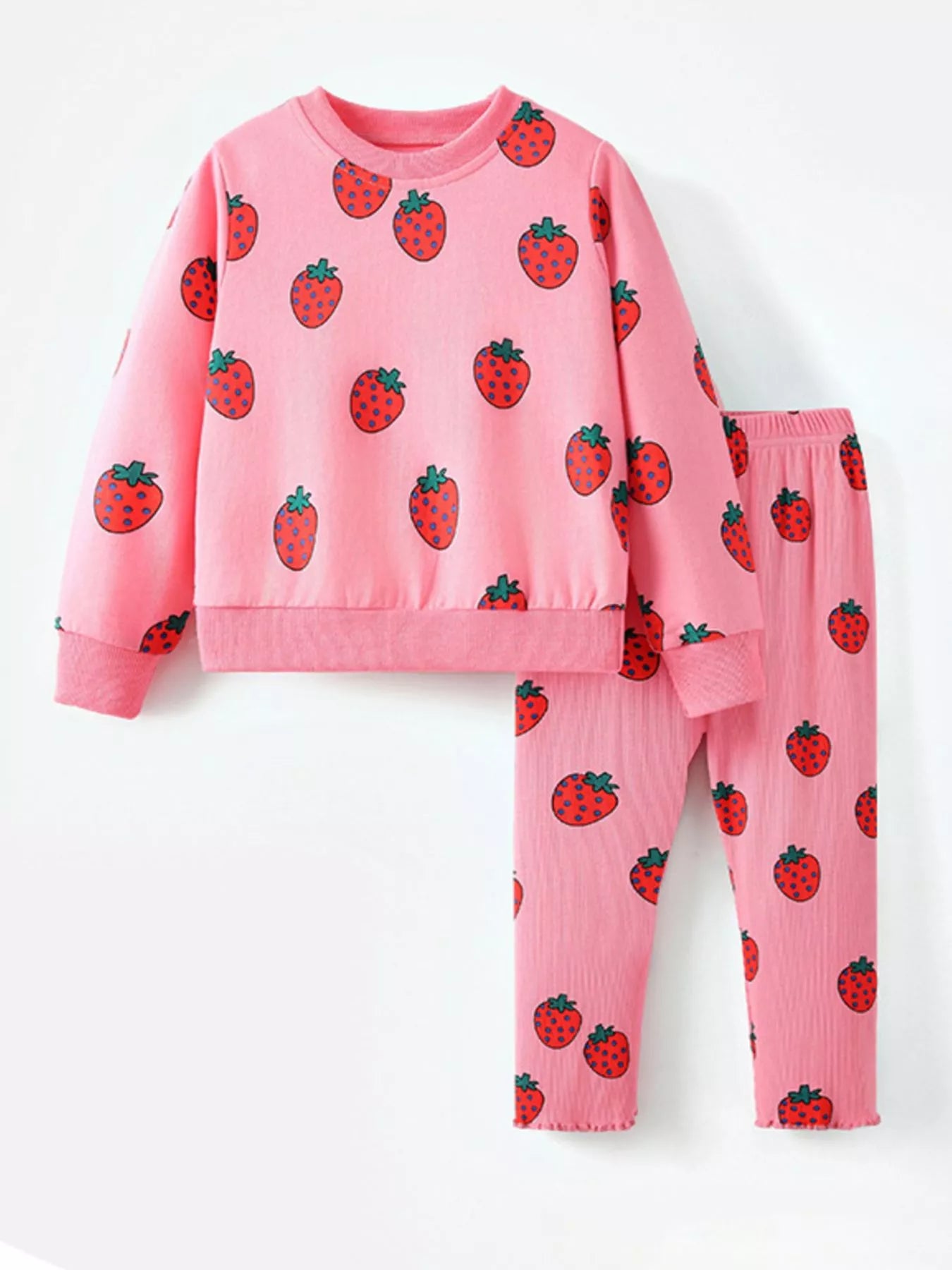 Children's Strawberry Print Long Sleeve Top and Pants Set Pink