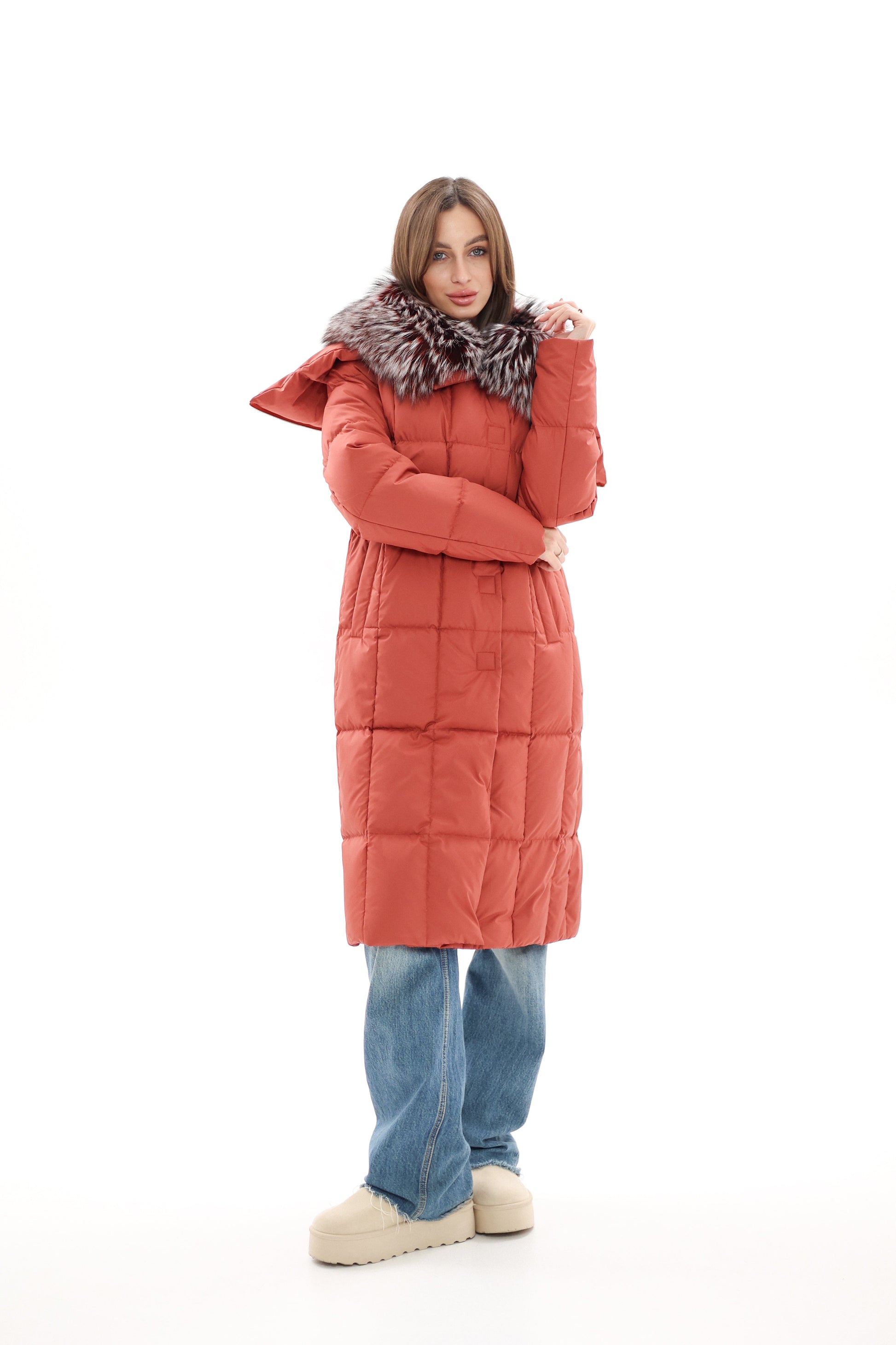 Genuine Silver Fox Fur Trim Down Coat