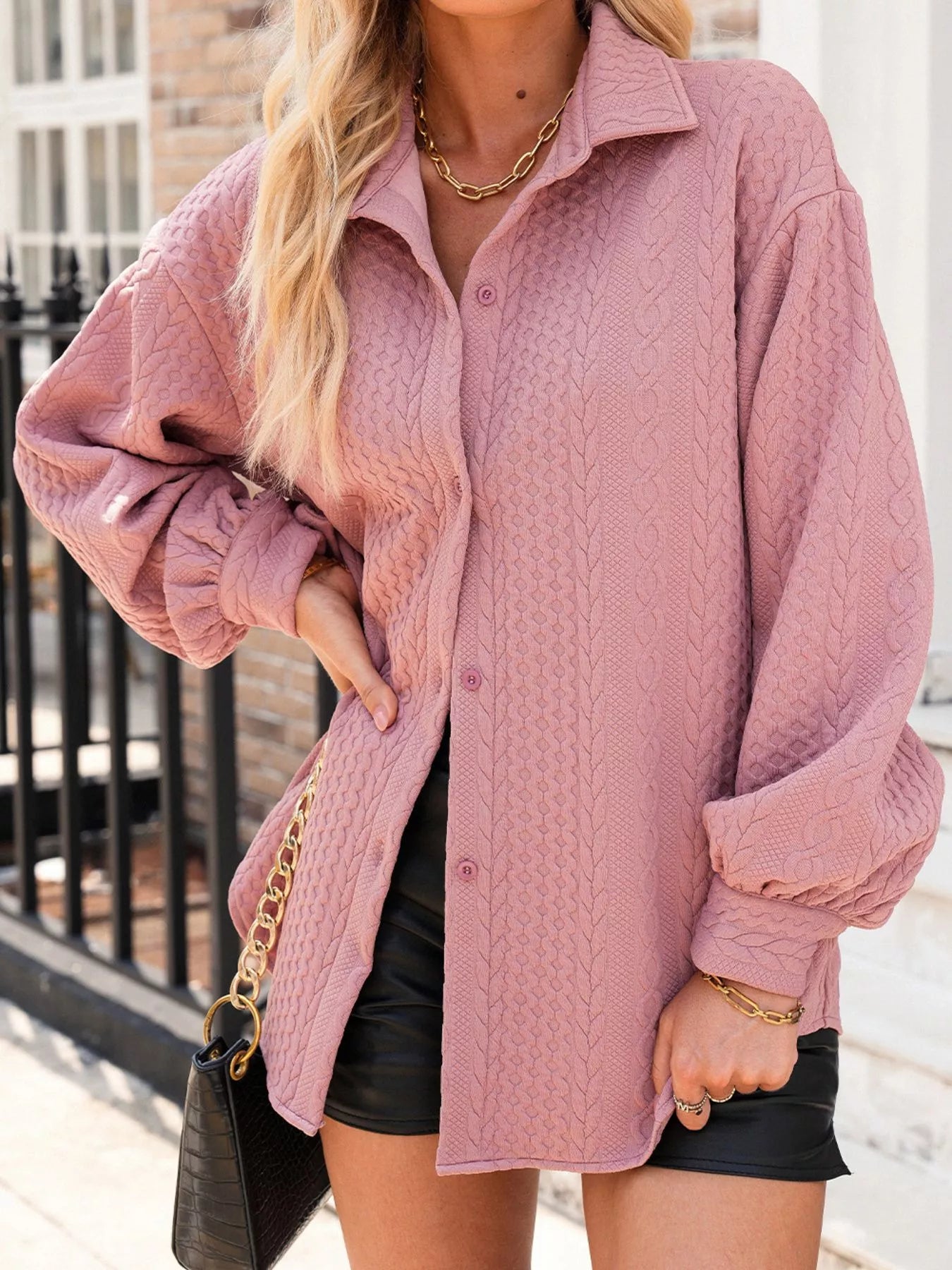 Cable Texture Puff Sleeve Loose Shacket